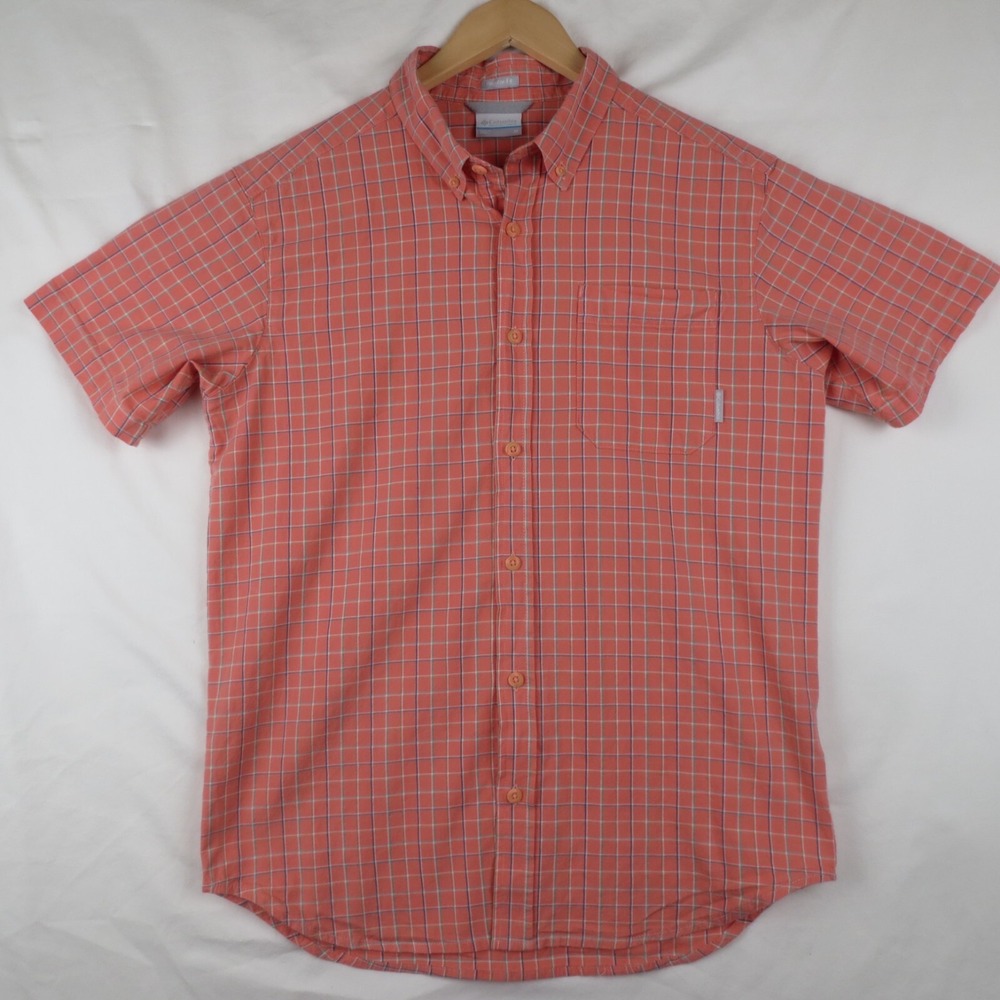 Columbia Shirt Mens M Pink Plaid Regular Fit Short Sleeve Casual Button Up